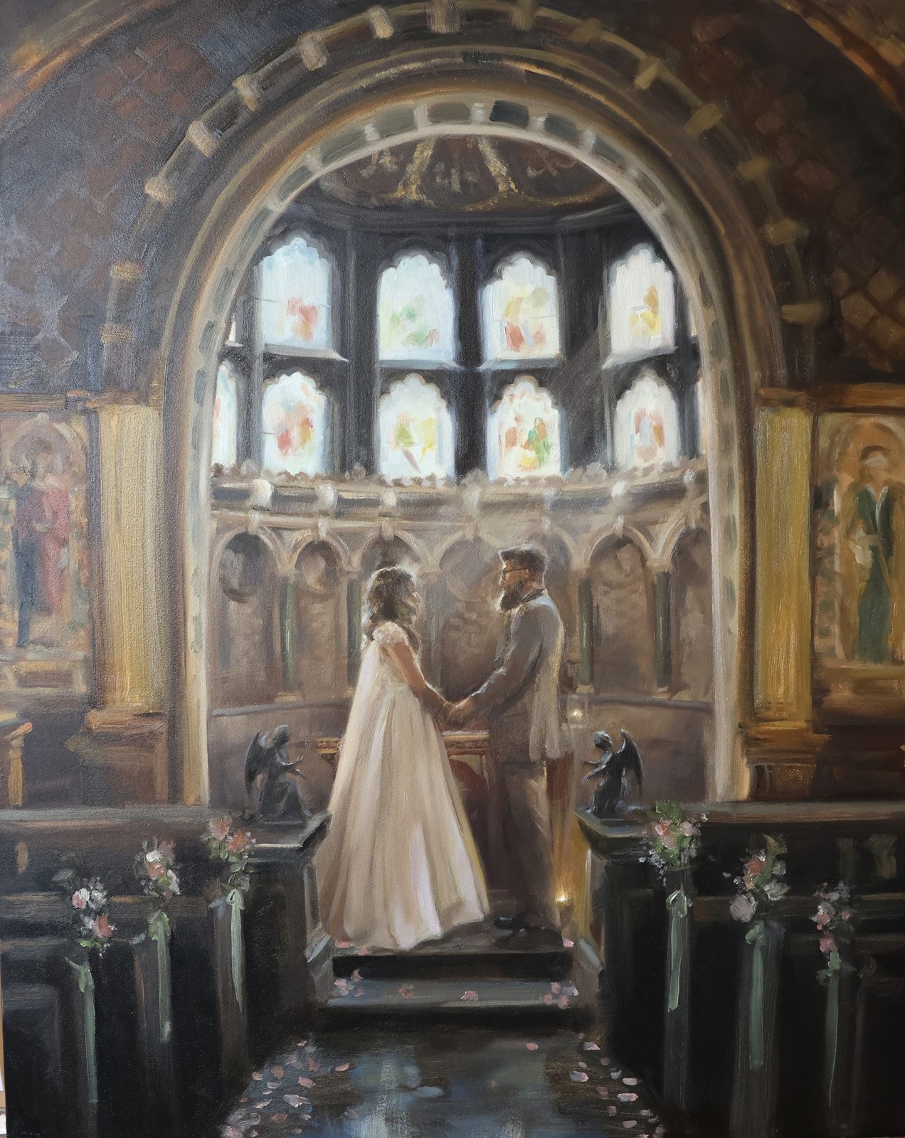 Wedding oil painting of a couple holding hands at the altar beneath a tall arched stained-glass window, flowers lining the aisle