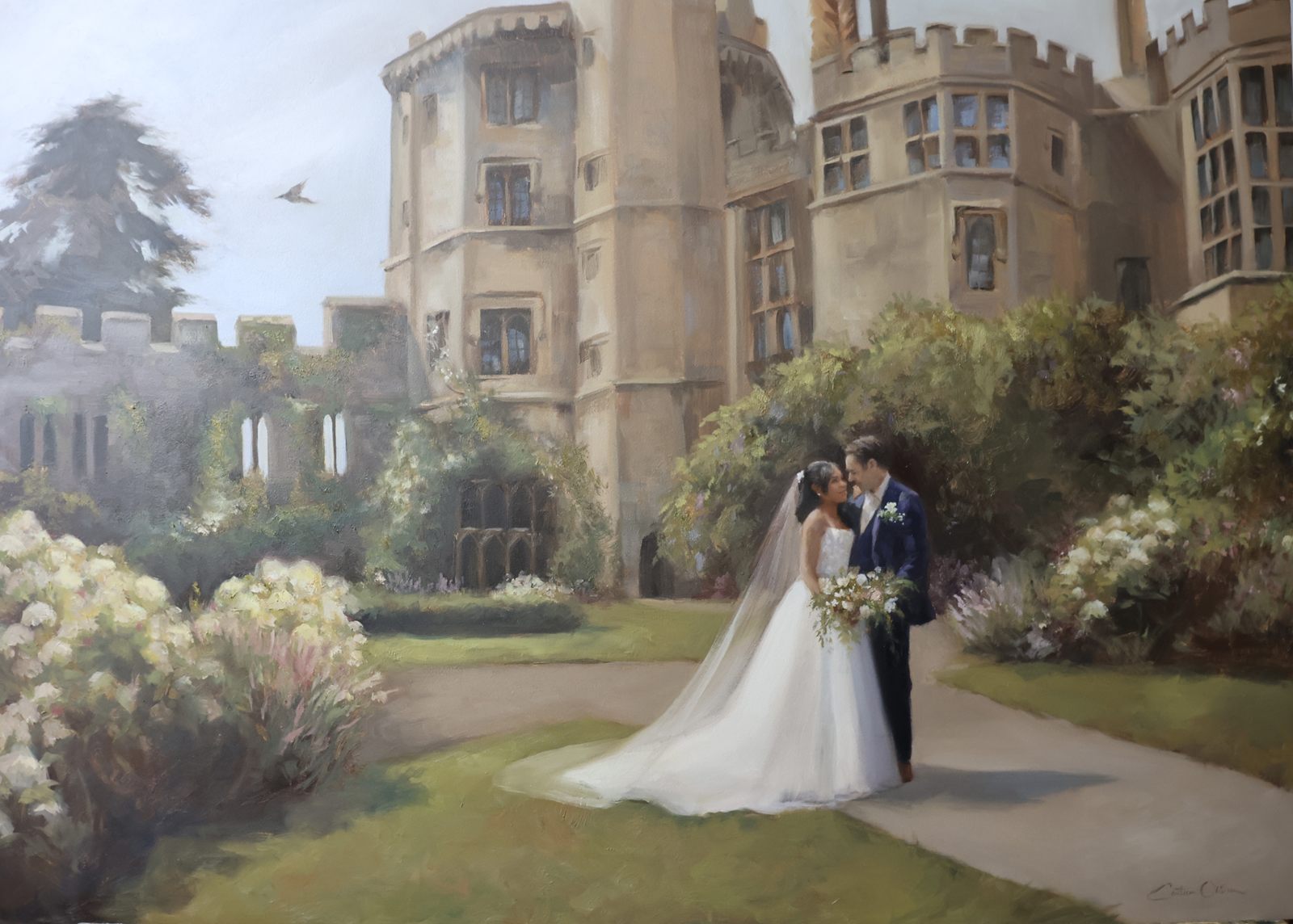 Oil painting of a bride and groom on a garden path in front of a turreted castle, her veil and train trailing behind her past banks of white hydrangeas