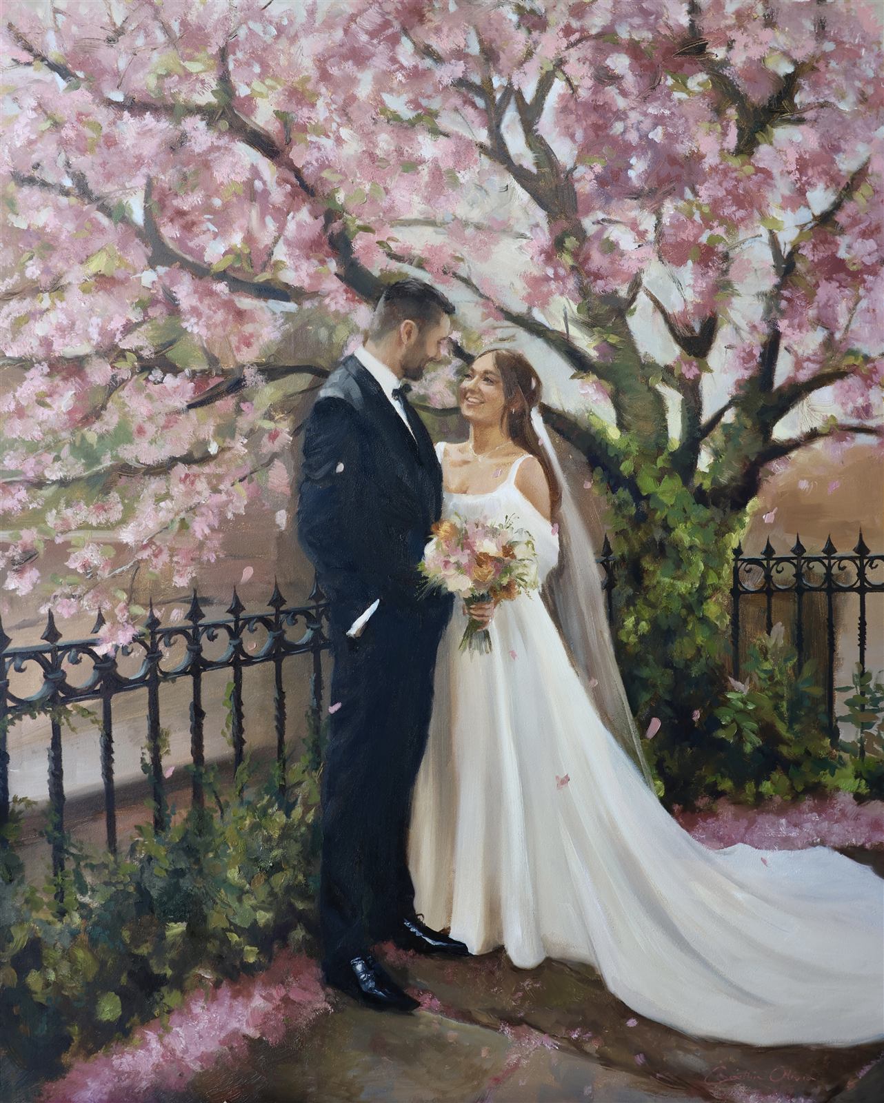 Oil painting of a bride and groom beneath a cherry blossom tree in full bloom