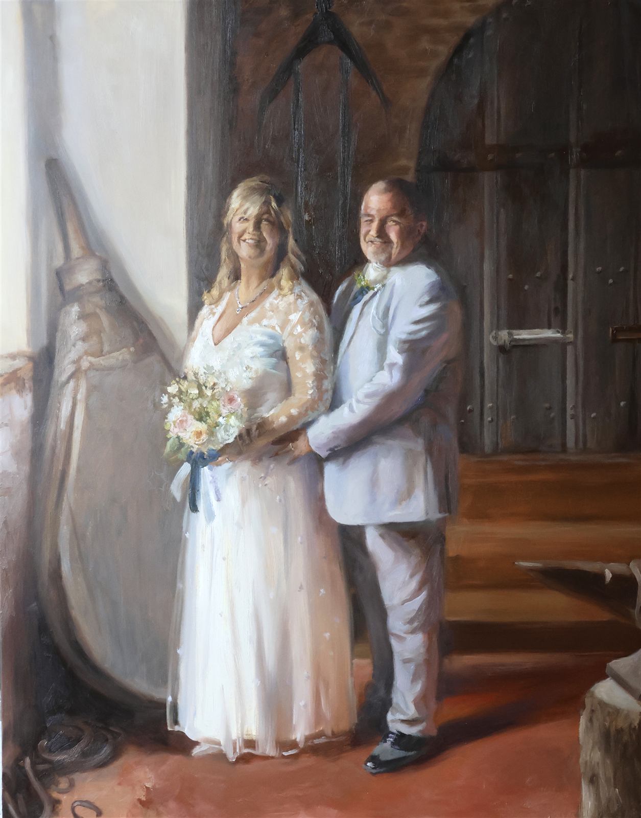 Wedding oil painting of a couple holding hands by an old church door