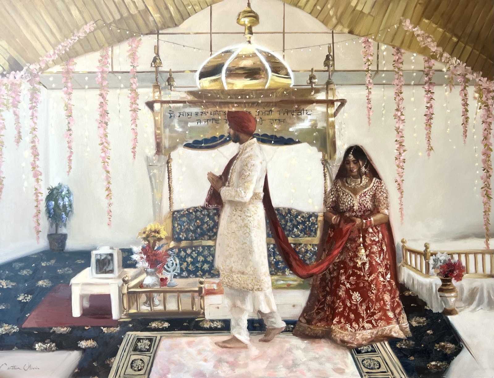 Oil painting of a Sikh wedding ceremony, the bride in red and gold and the groom in cream beneath the golden canopy of the gurdwara, pink floral garlands hanging