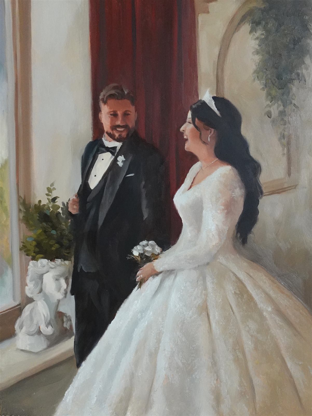 Painting of a bride and groom smiling at each other in a decorated room