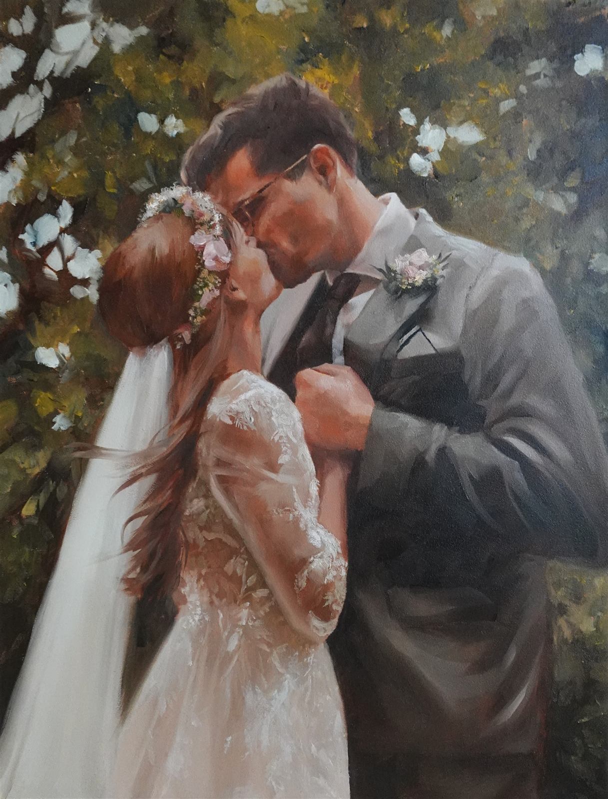 Oil painting of a bride and groom sharing a kiss outdoors among greenery and flowers