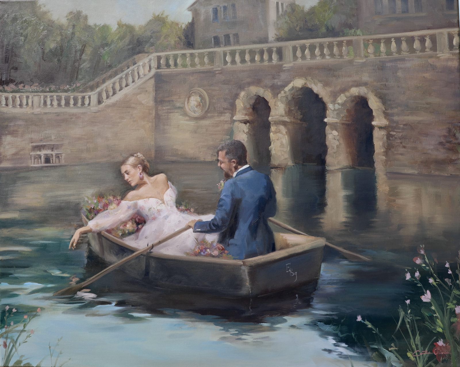 Oil painting of a bride and groom rowing a small boat across the water in front of a grand stone house, the bride trailing her hand through the water