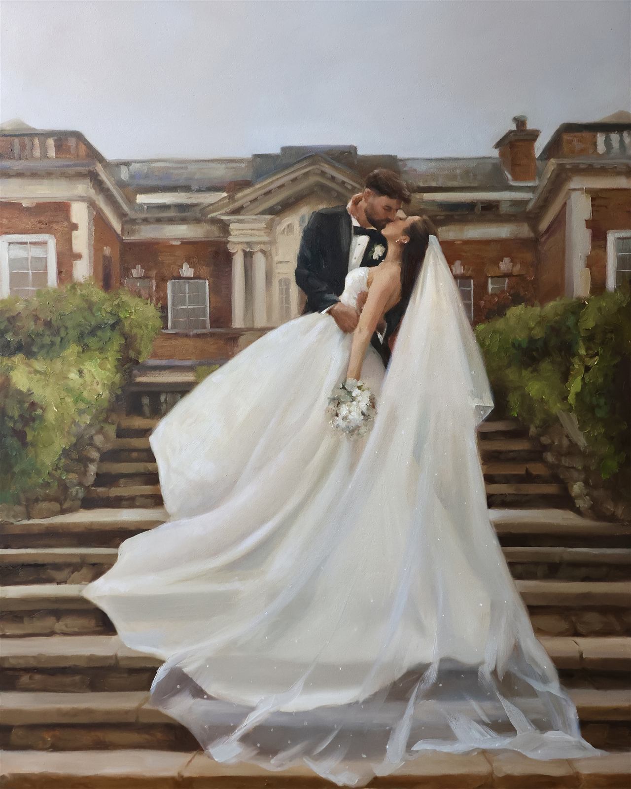 Wedding painting of a couple kissing on the steps of their venue, dress and veil flowing