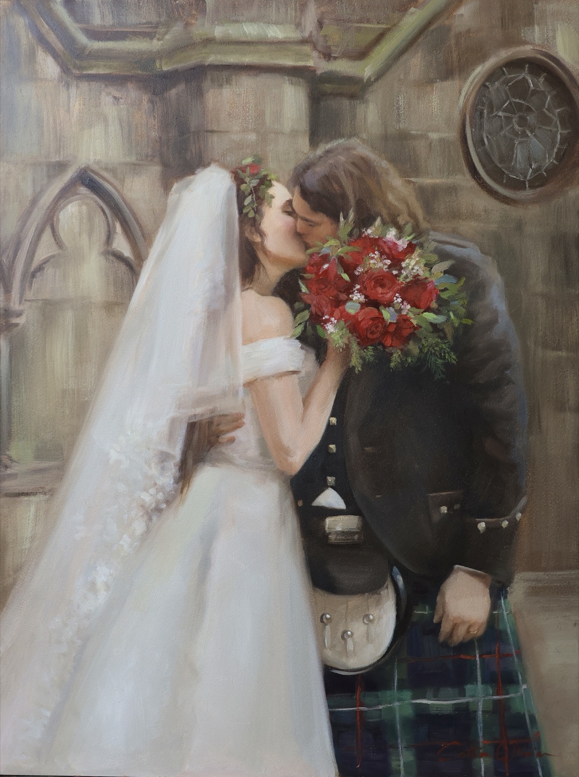 Oil painting of a bride and groom sharing a kiss against an old stone cathedral wall, the groom in Scottish Highland dress and the bride holding a bouquet of red roses