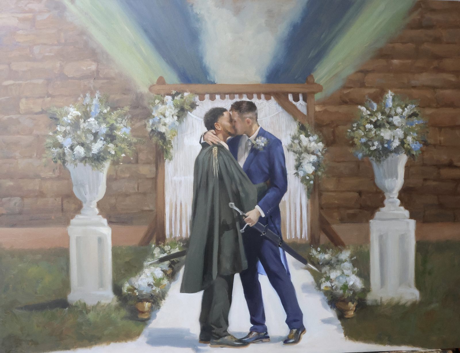Oil painting of two grooms kissing beneath a macramé and floral arch, one in a green cloak with a ceremonial sword, the other in a navy suit