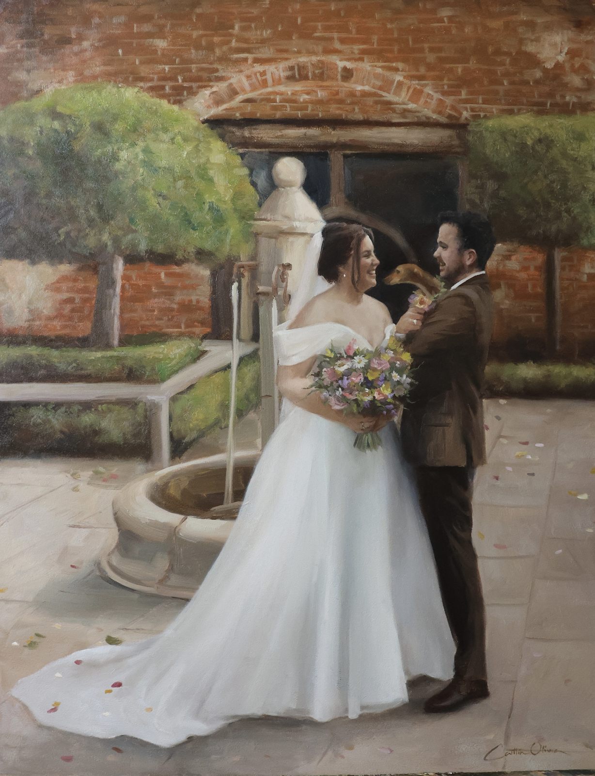 Oil painting of a bride and groom laughing together beside a stone fountain in a red brick walled garden, petals scattered across the paving